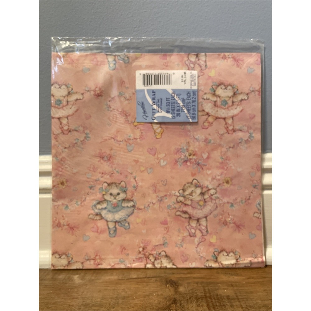 CAT KITTY Ballerina All Occasion Gift Wrap Pastel Hearts NOS Heartline